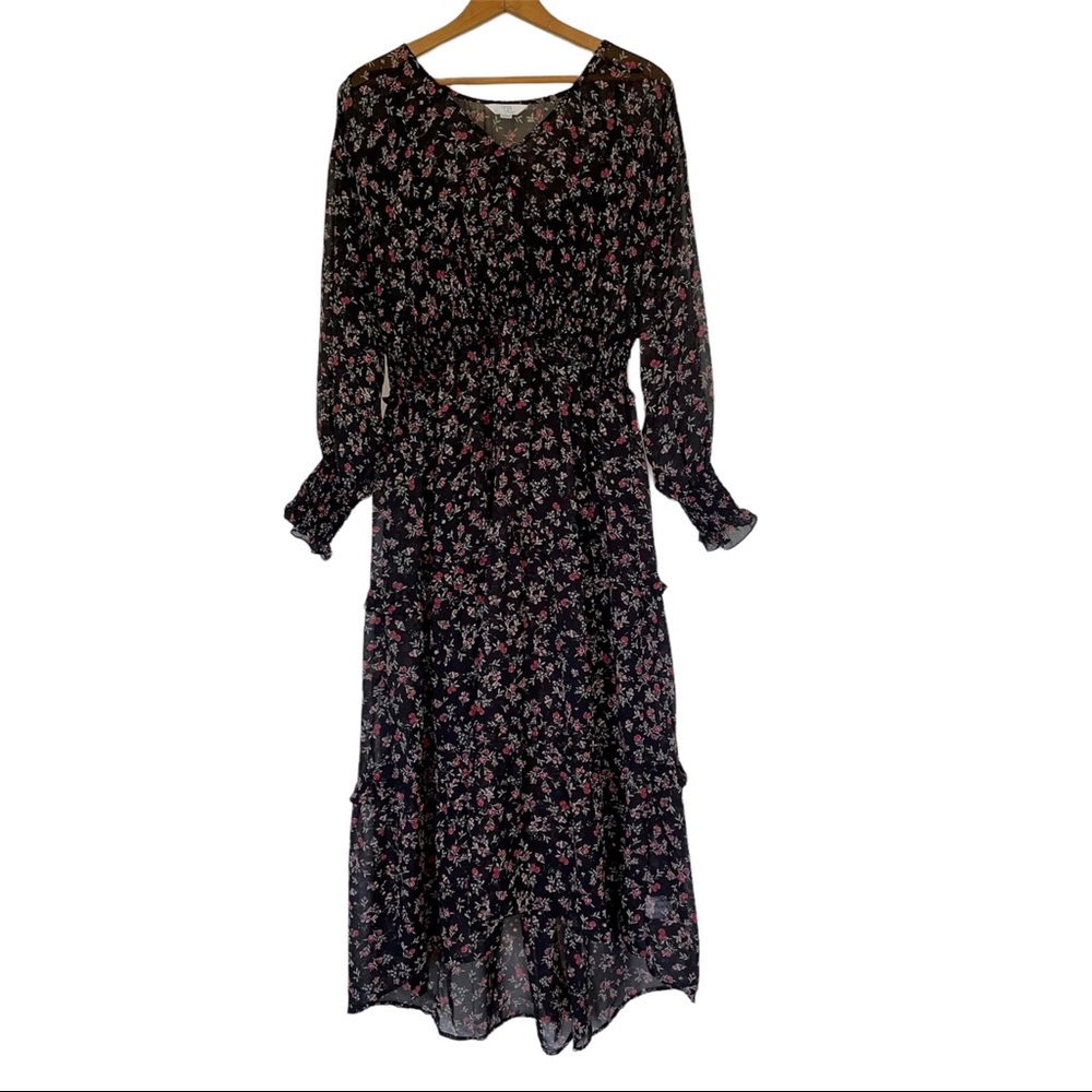 NEW Long Sleeve MIDI Dress Floral Fall Autumn Chiffon Ruched Waist